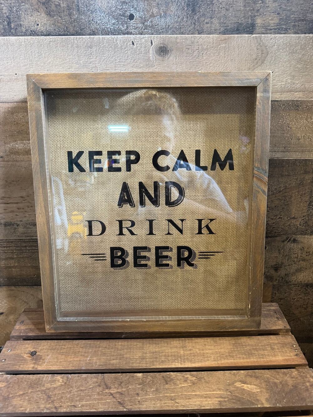 Keep Calm And Drink Beer Shadow Box - Burlap Wood Frame - Glass Wall Decor 14x12